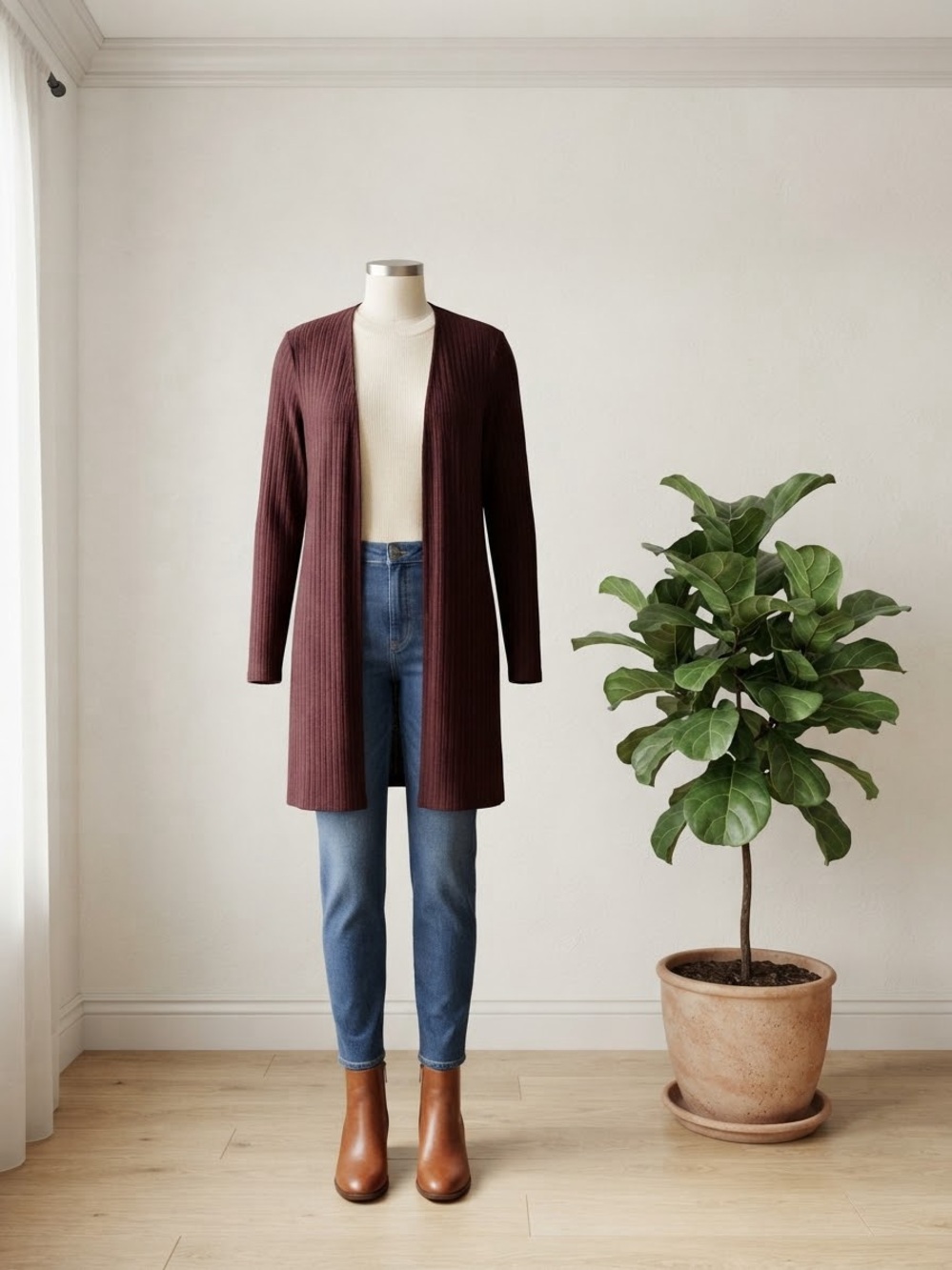 Ambiance Ribbed Open-Front Cardigan in Maroon